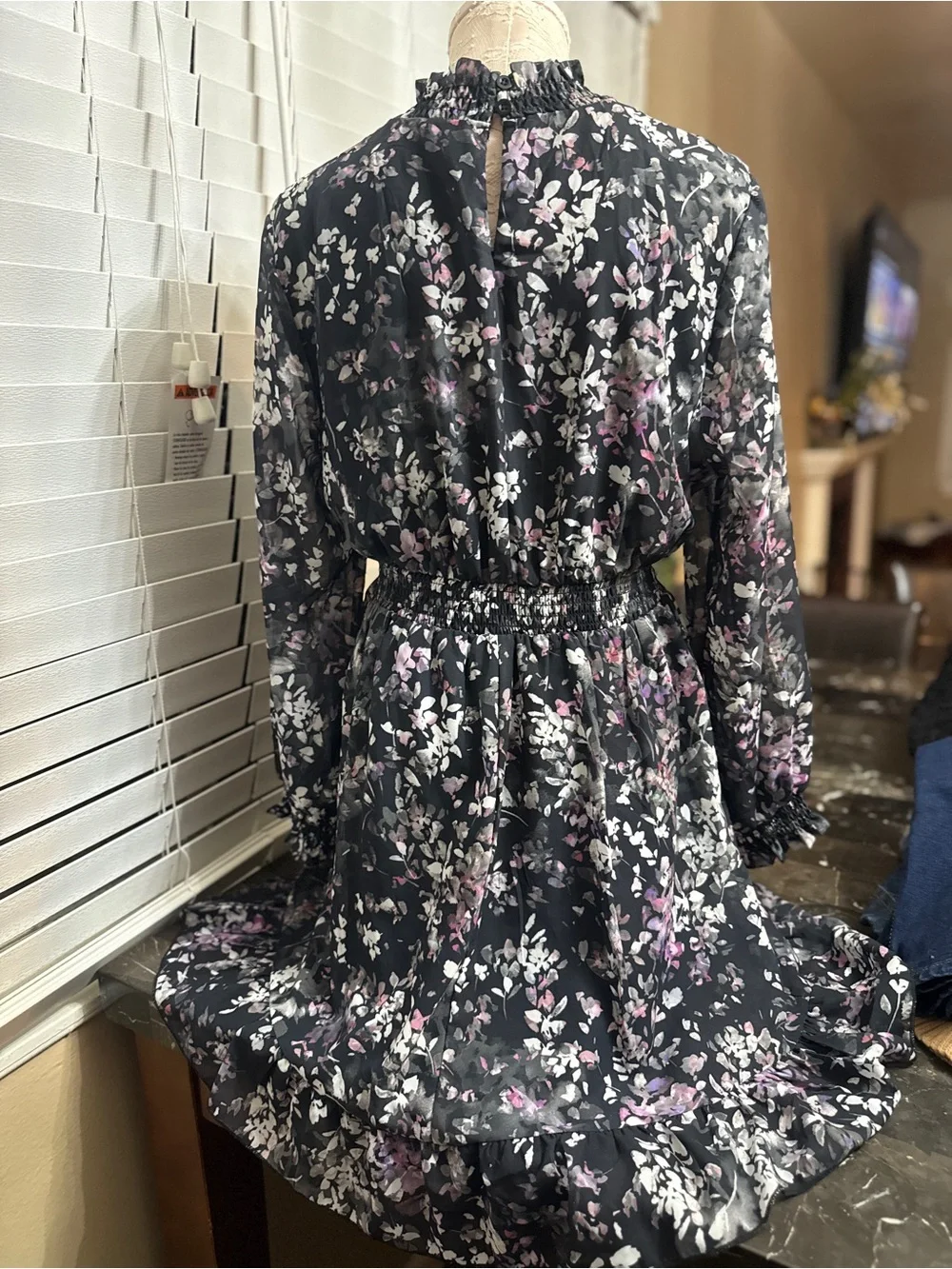 J. Crew Black Floral Long-Sleeve Smocked-Waist Dress